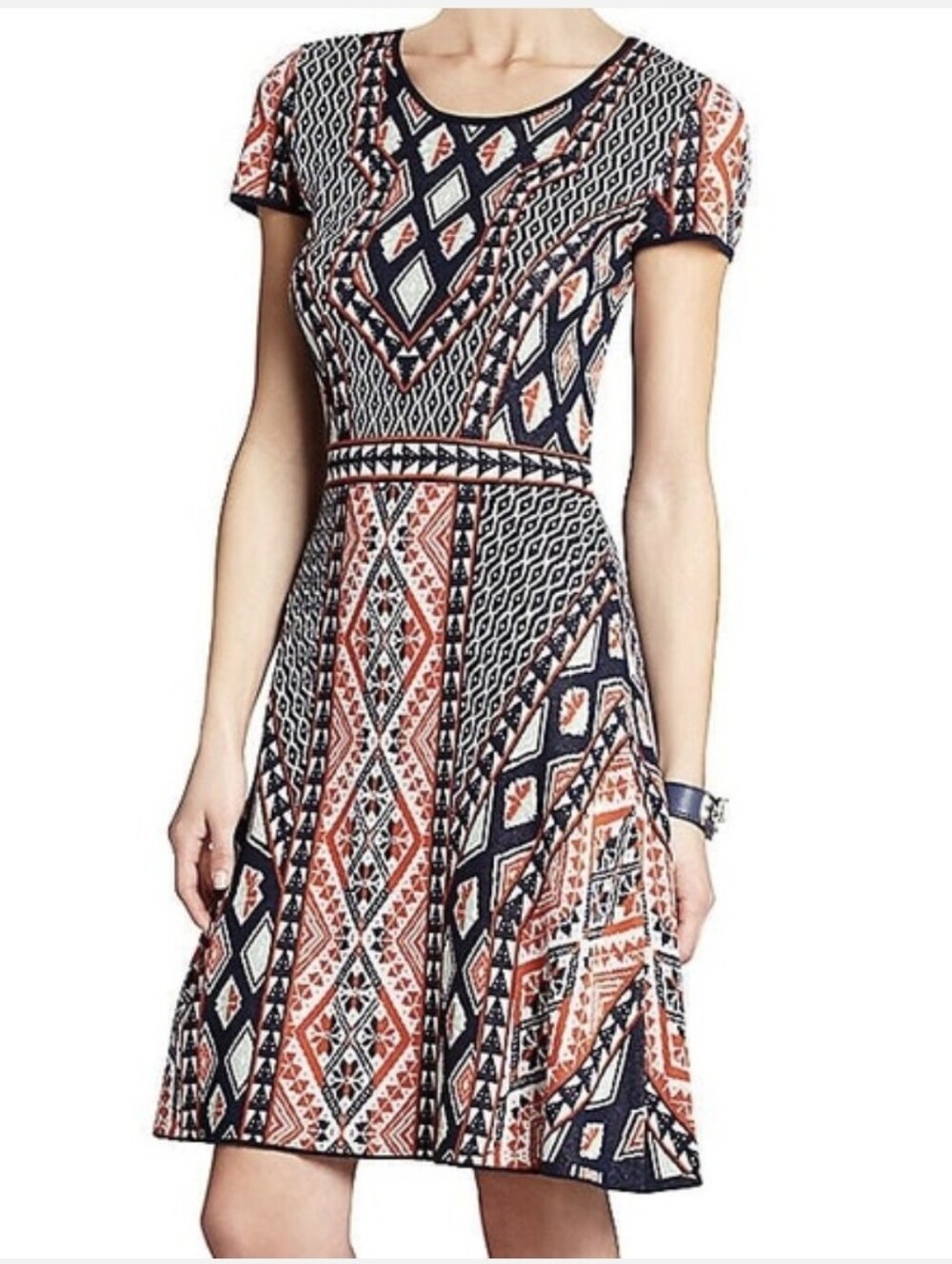 BCBGMAXAZRIA Kayla Geometric Knit Dress Size M Fit Flare Midi Aztec Silk Blend
